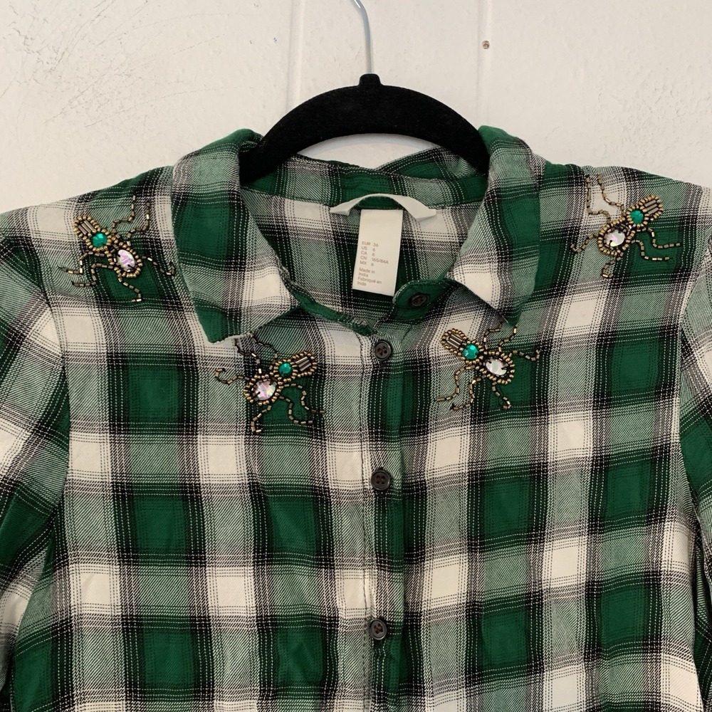 H&M Womens 6 Small Shirt Button Up Flannel Beaded Beetles Novelty Green Plaid